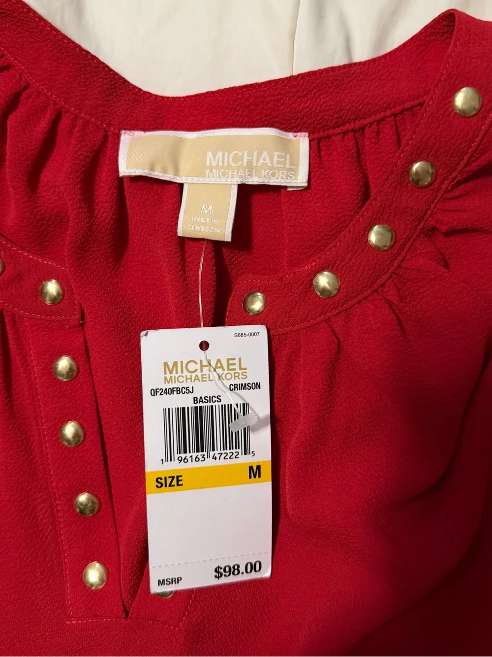 Michael Kors Red Pearl-Accent Long Sleeve Blouse